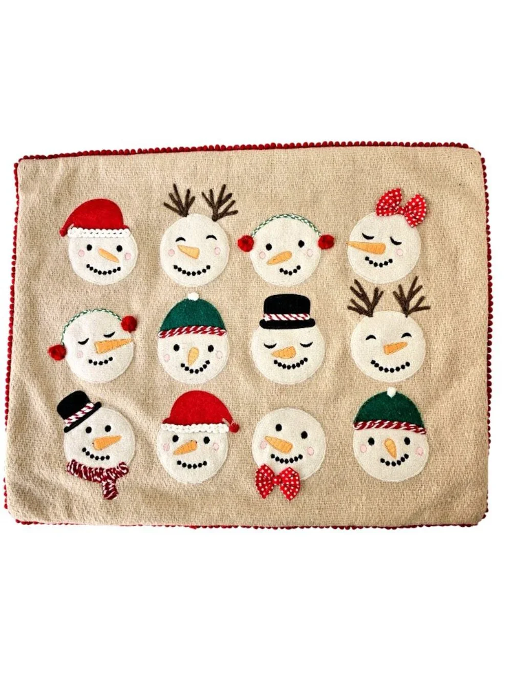 Sincerely Santa Wool Snowman Applique Pillow Cover Rectangle 20x16 Red on Beige